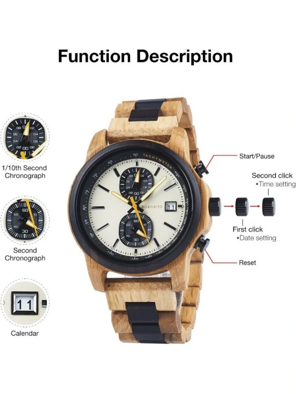 Men's Beige Analog Quartz Ultra-Light Luminous Chronograph Casual Wooden Watch
